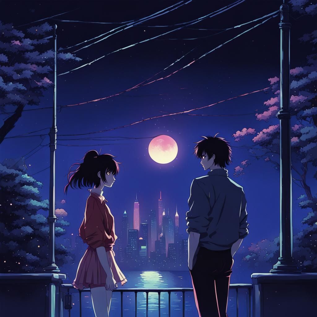 anime, 80s artstyle, night, romance, mysterious, fantasy