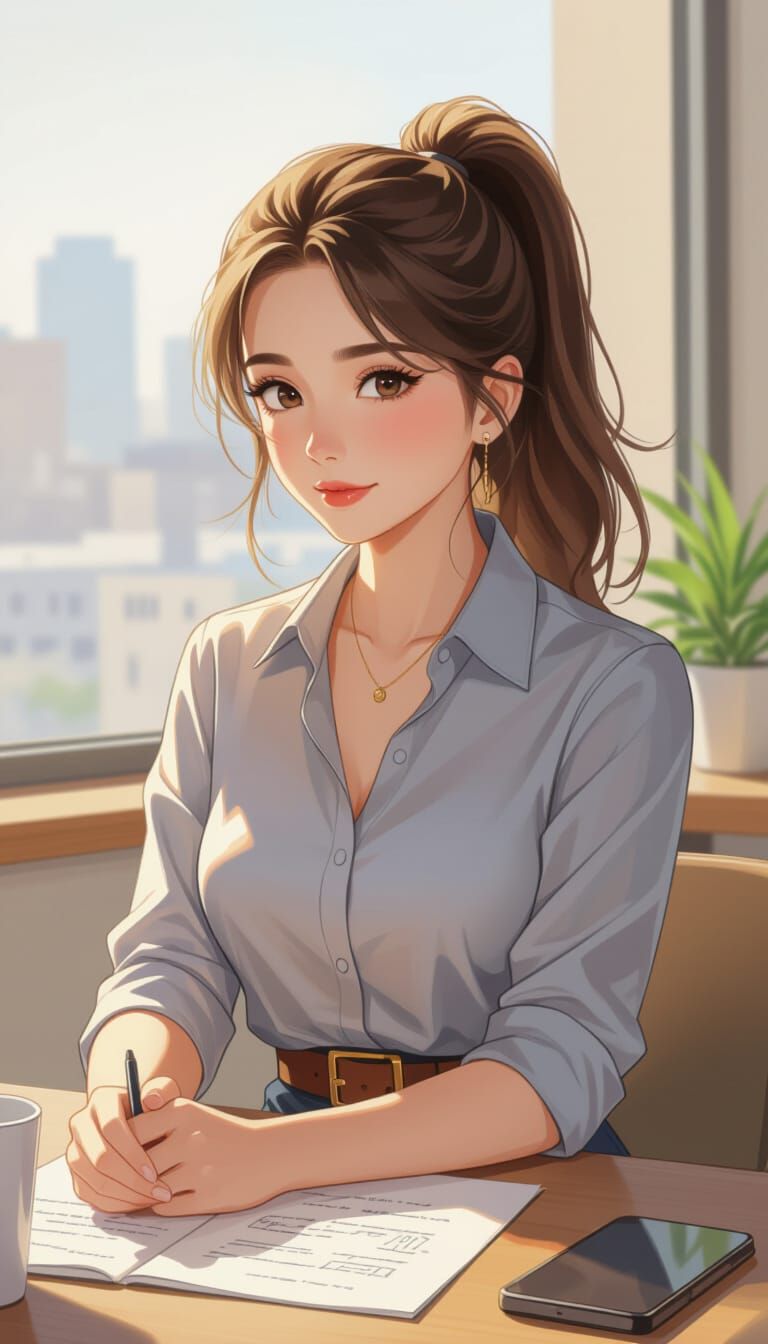 Cute Girl in Office Attire, Digital Painting Style