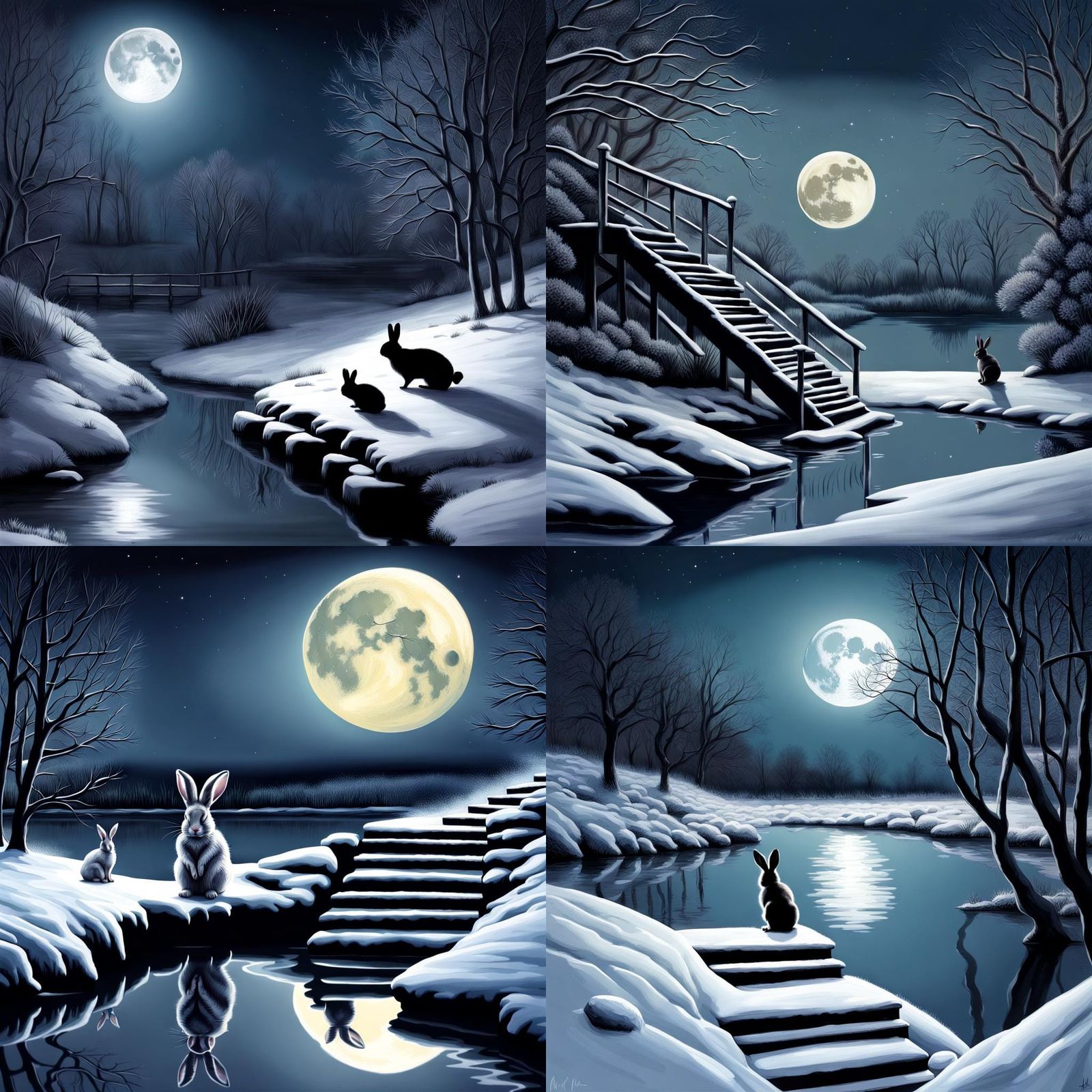 Moonlit Winter Riverbank Scene with Rabbits