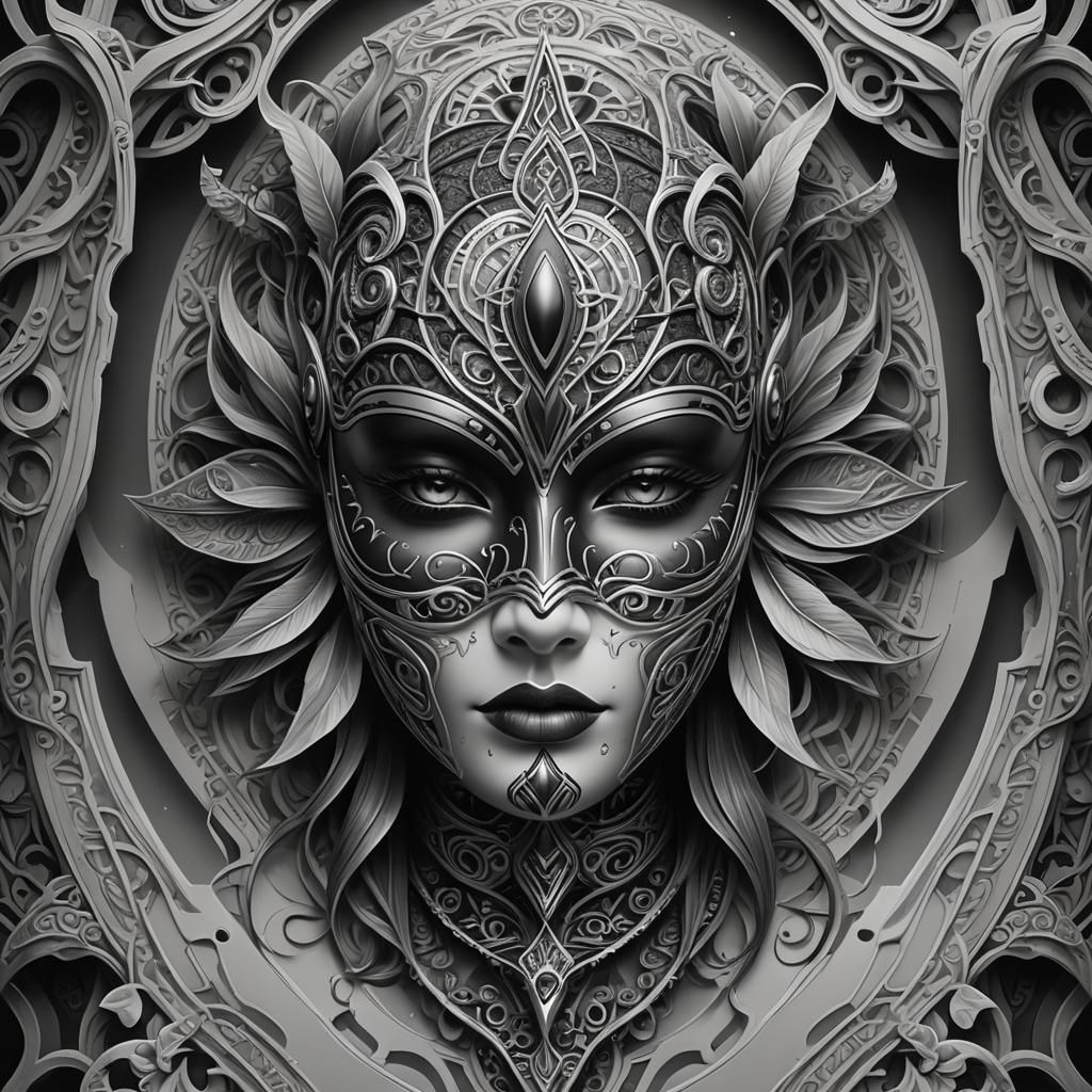 Geometric Heyoka Mask Tattoo in Black and Gray