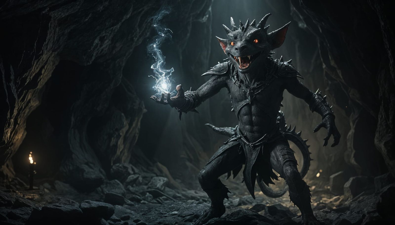 Glowing Kobold Sorcerer in Dark Cave