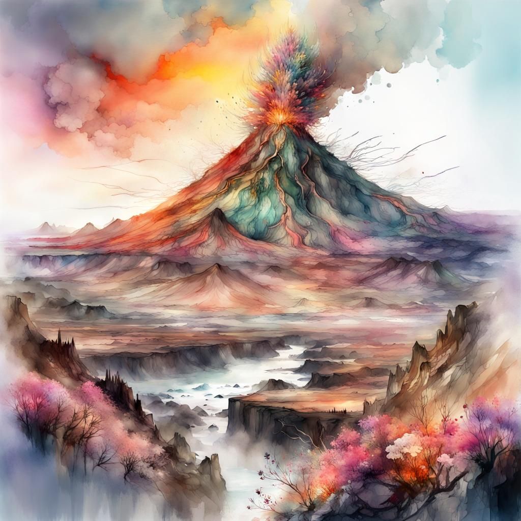 Stunning Volcanic Landscape in Watercolor Style