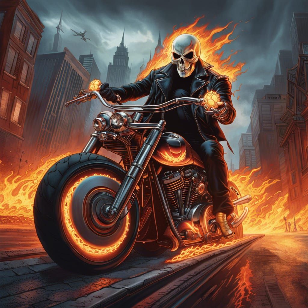 Ghost Rider in Infernal Cityscape, Hyper-realistic Detail