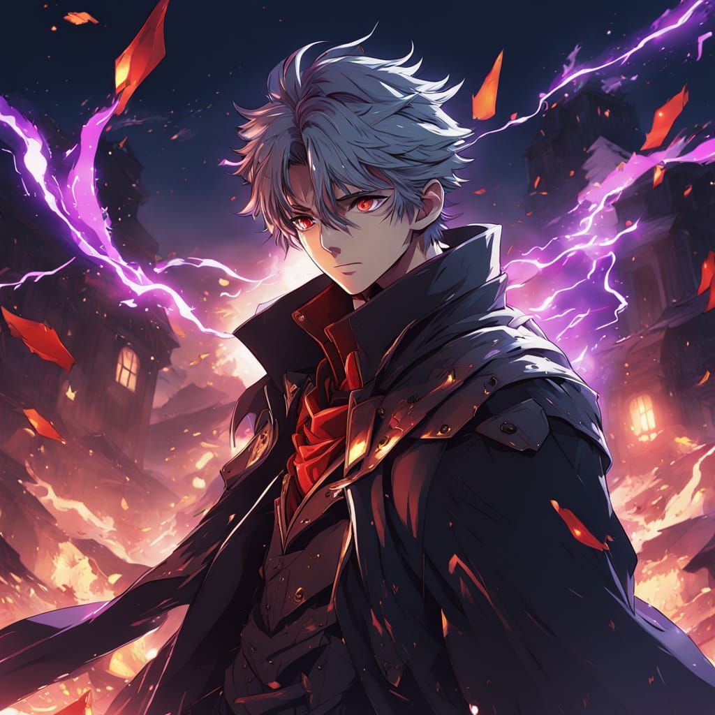 Anime Hero with Crimson Eyes and Energy in Castle