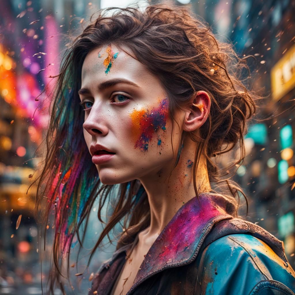 Hyperrealistic Woman in Destroyed City: Splash Art