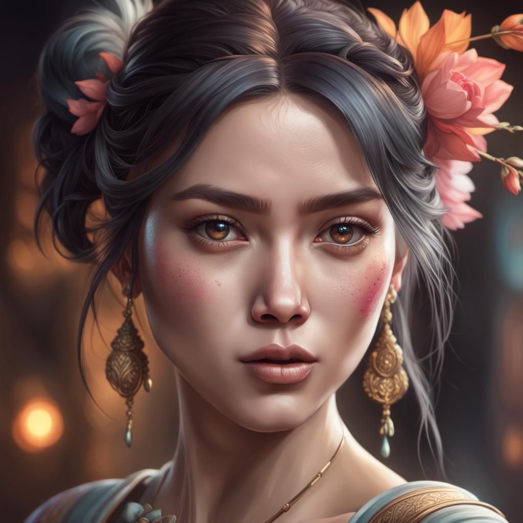 Detailed Portrait of Thai Woman in Art Nouveau Style