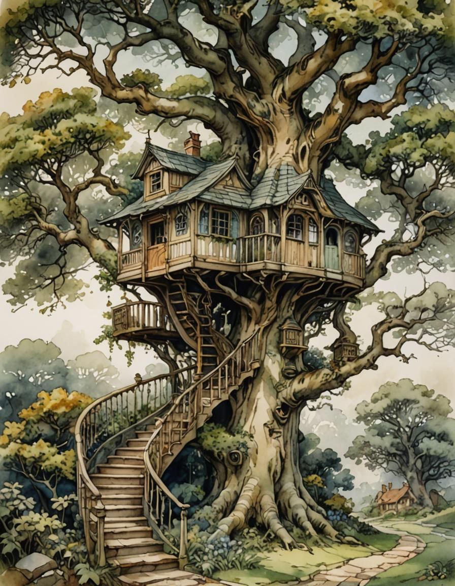 Treehouse Cottage: A Watercolor Art Nouveau Scene