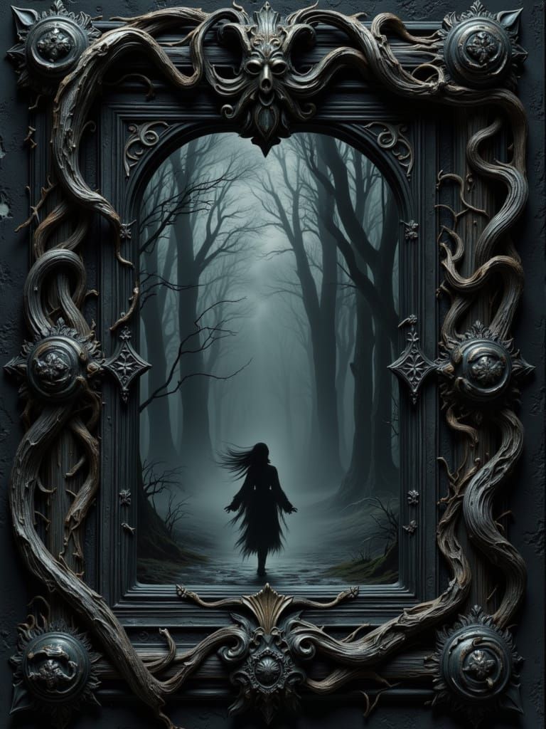 Mysterious Ornamental Frame with Girl in Storm