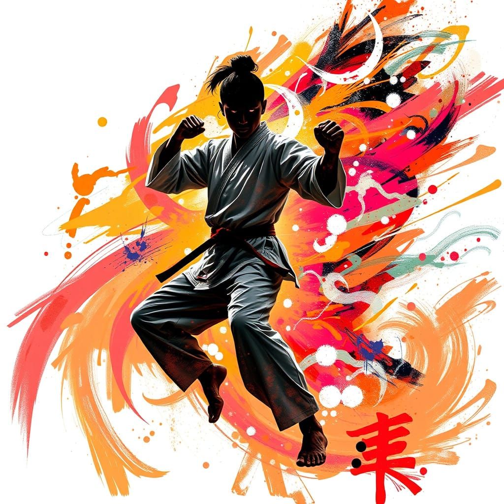 Ethereal Karate Silhouette in Motion with Energy Patterns