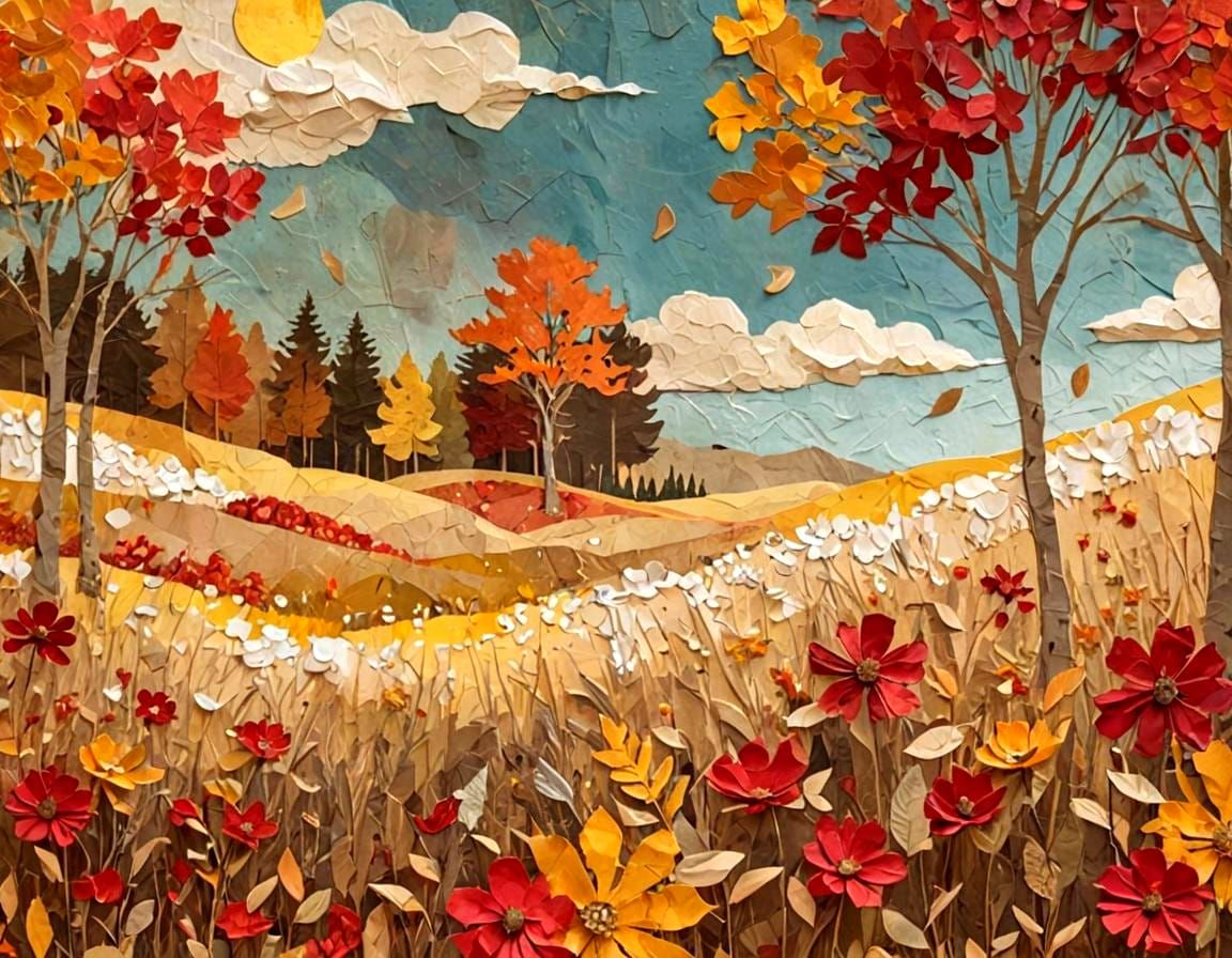 Impressionist Paper Collage of an Autumn Meadow