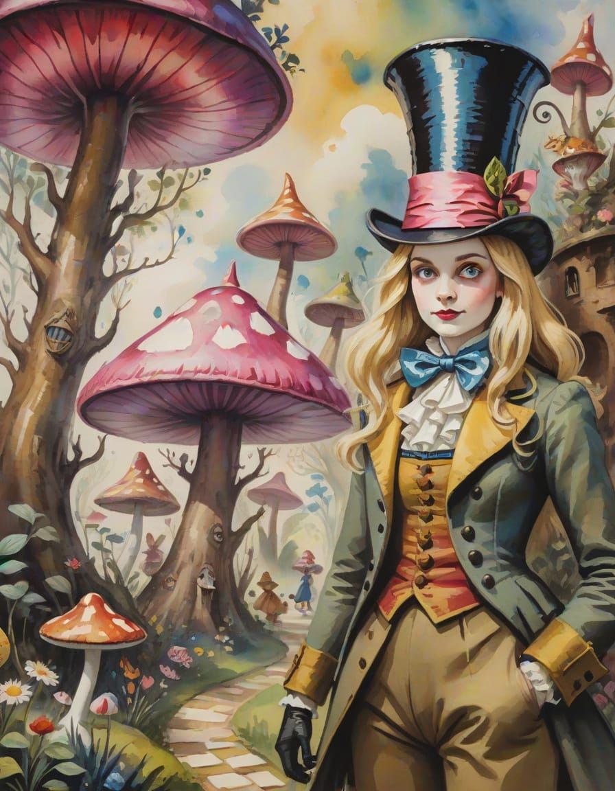 Alice in Wonderland as Gouache Watercolor Painting
