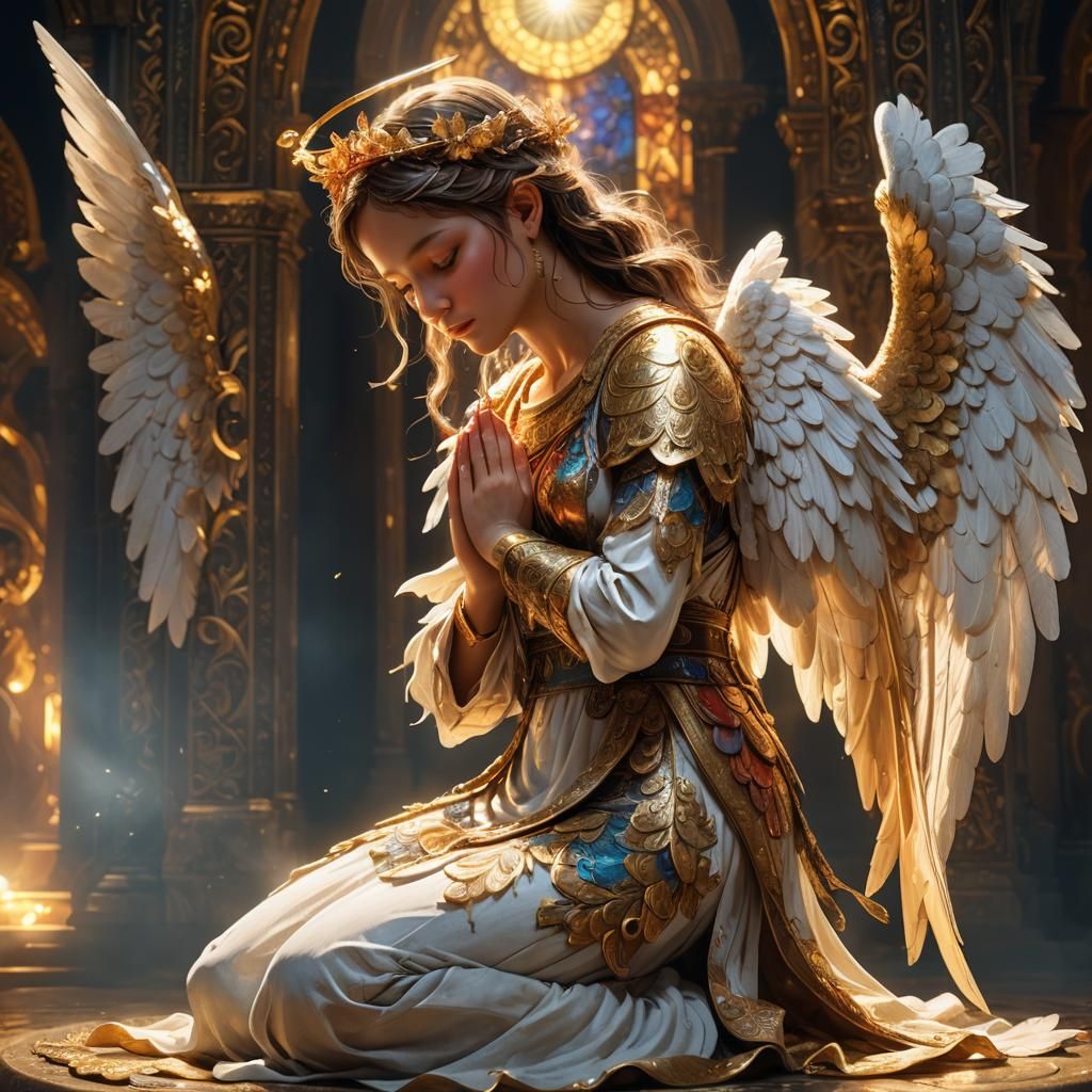 Majestic Angel Praying in Golden Light: Fantasy Art