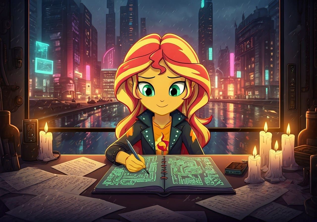 Sunset Shimmer in Rainy Cyberpunk Cityscape