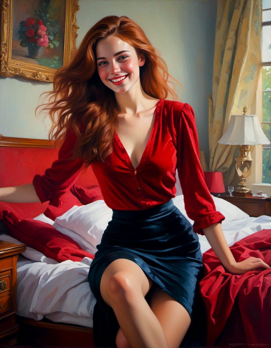 Playful Auburn-Haired Woman in Red Velvet Portrait