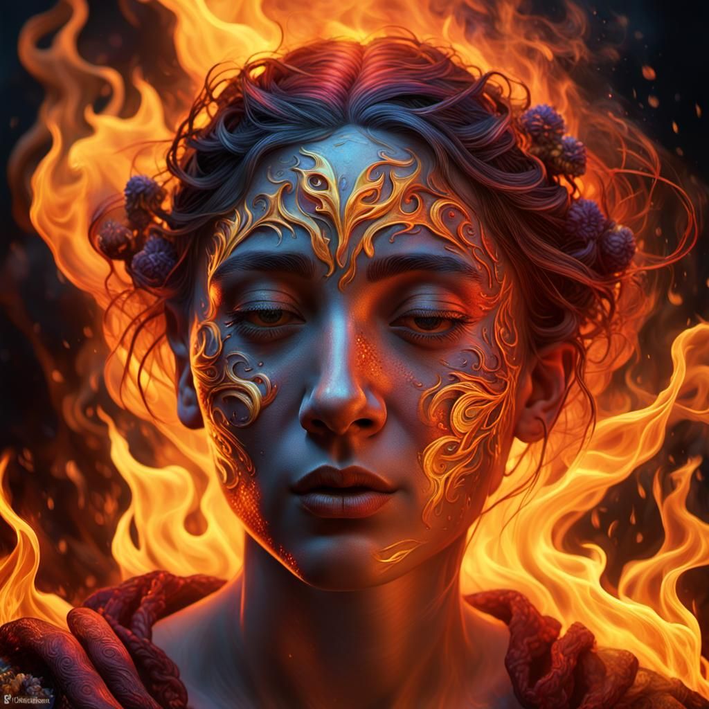 Fiery Face in Mystical Flames: Hyperrealistic 3D Art