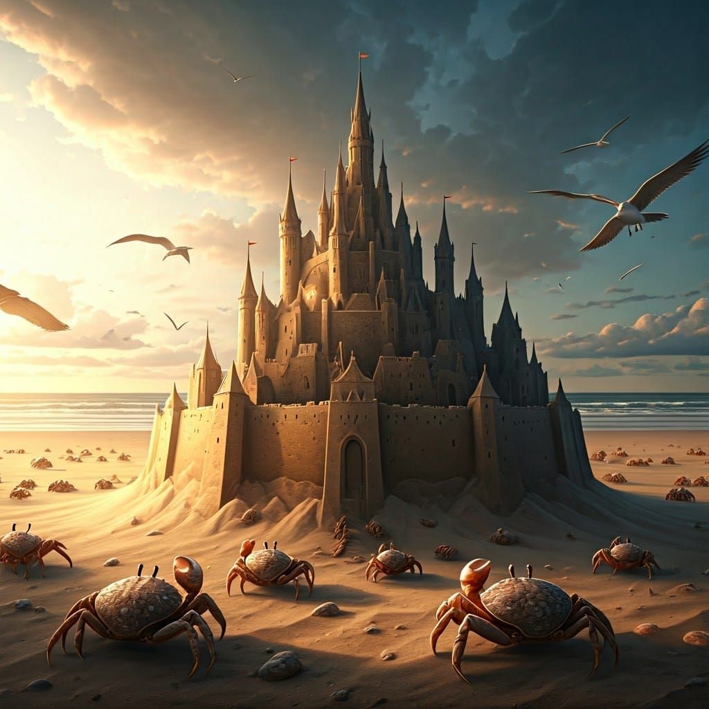 Crabs Defend Sandcastle Against Seagulls, Photorealistic Bat...