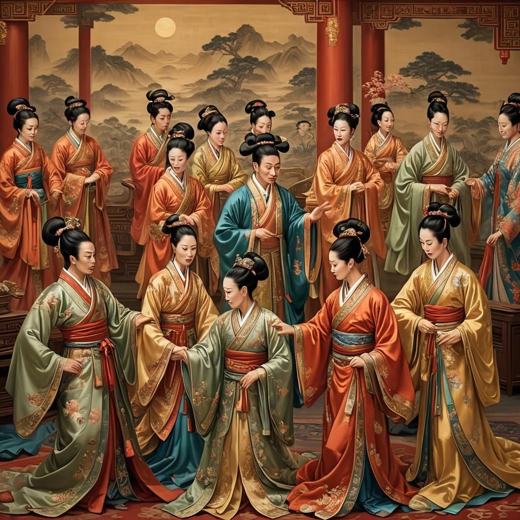 Tang Dynasty Dancers in Imperial Ballroom, Oil Painting