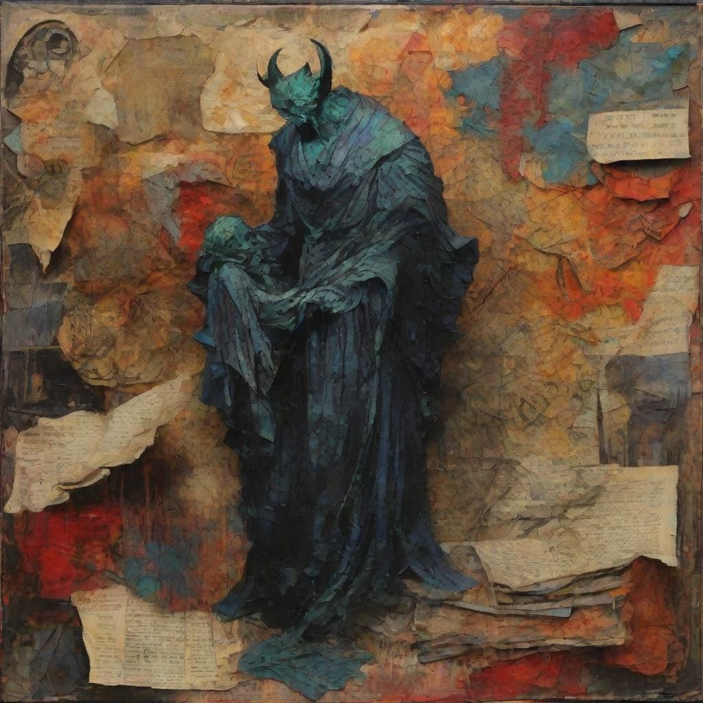 Hades in Dark Underworld: Vintage Mixed Media Painting