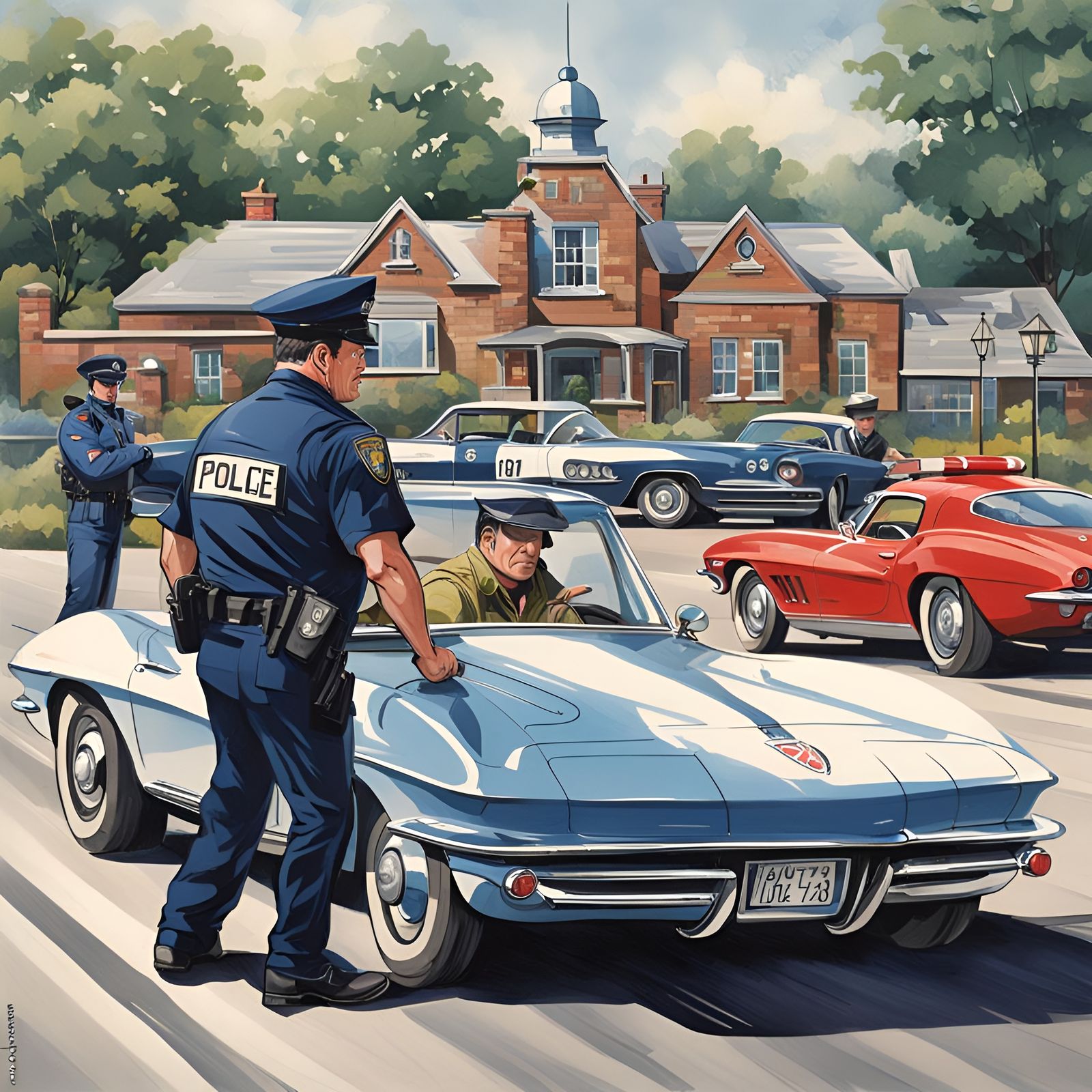 Policeman Arresting Speeding Driver with Corvette