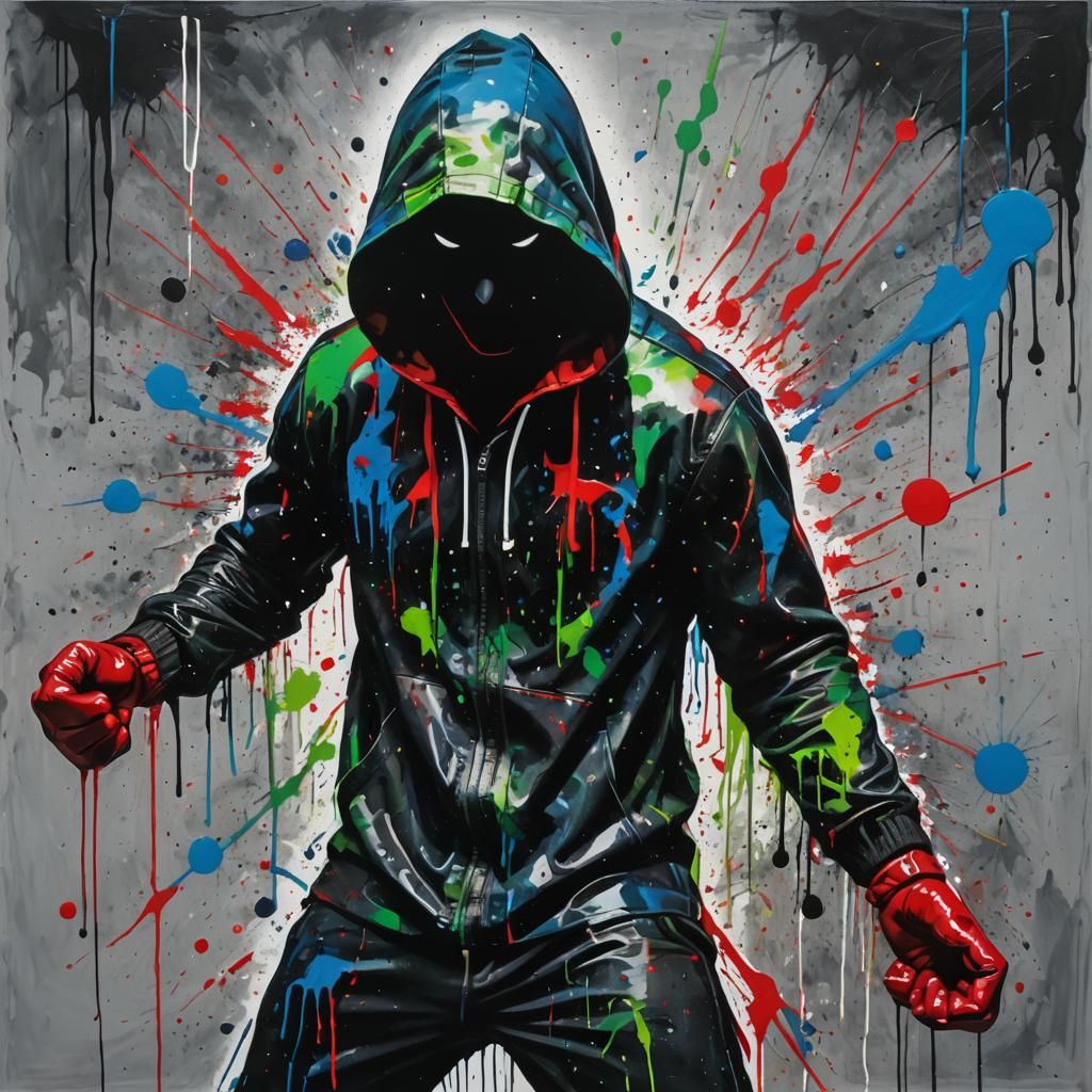 Abstract Hooded Boxing Figure in Vivid Colors