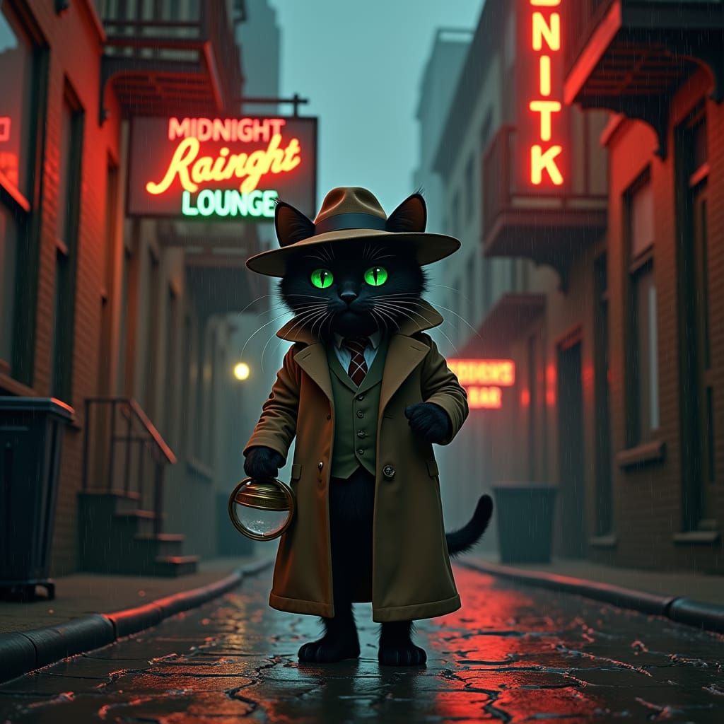 Cat Detective in Rainy Alley, Film Noir Style