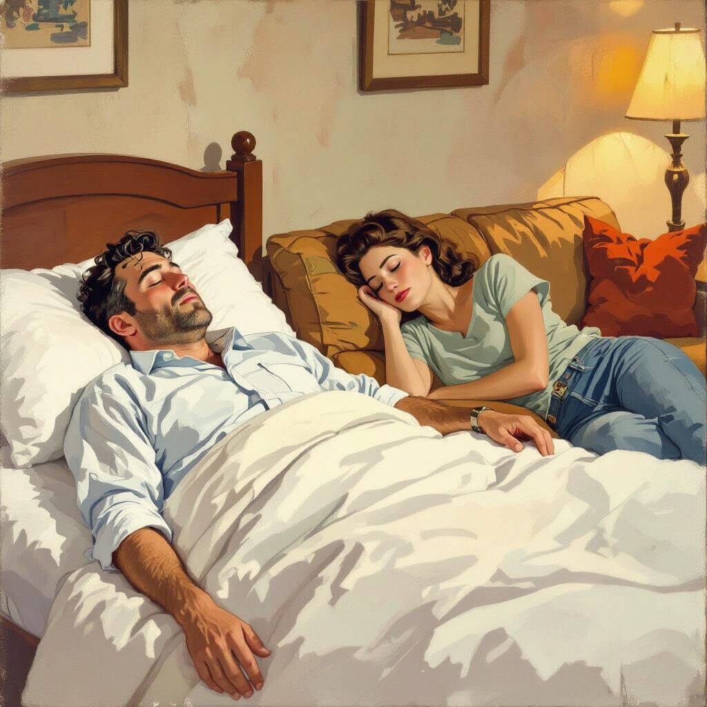 Cozy Scene of Tired Couple in Rockwell Style