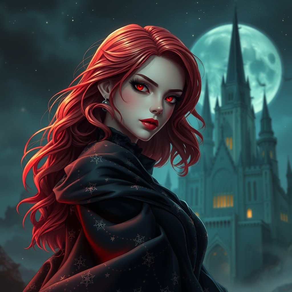 Red-Headed Vampire Maiden in Starlight Gown