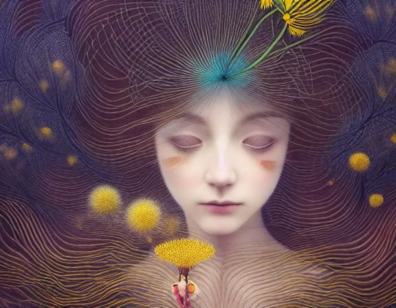 Woman and Dandelion in Windy Fairytale Scene