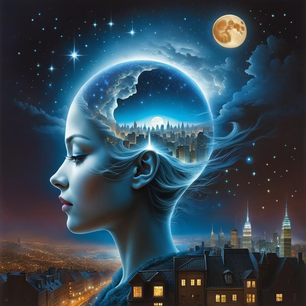 Surreal City in Head with Moon and Stars