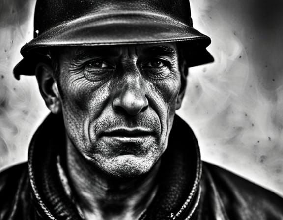 Painted portrait of a Victorian age London firefighter circa 1890 in the style of lucien freud. Close up portrait, soot ...