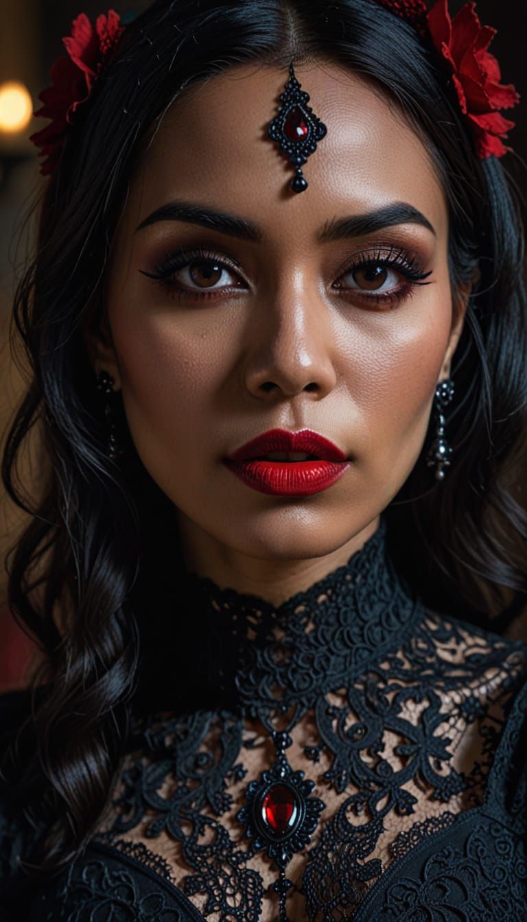 Gothic Portrait of Mexican Woman with Crimson Lace