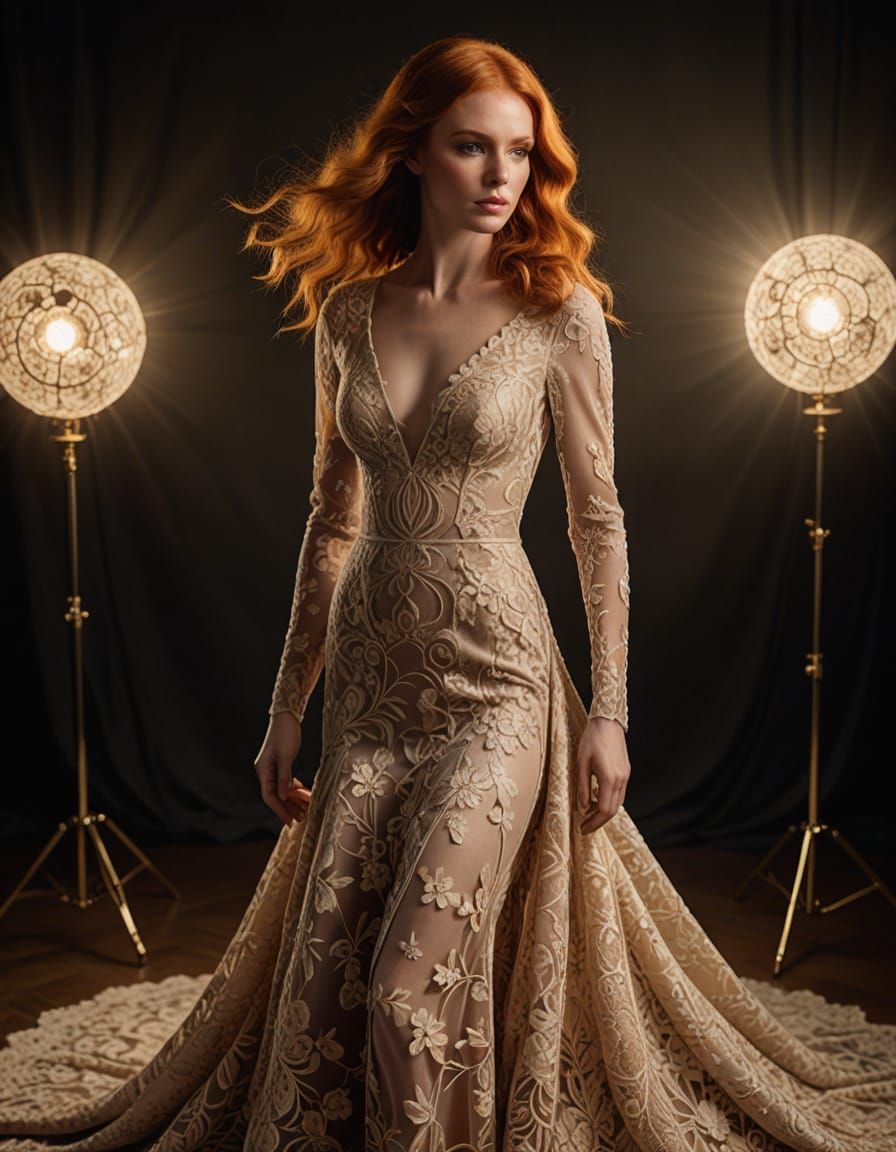 Redhead in Lace Silk Gown: Glamorous Fashion Photography