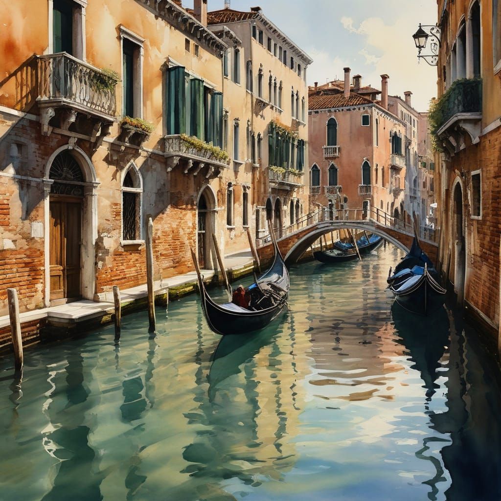 Surreal Venice Cityscape in Watercolor-Inspired Matte Painti...
