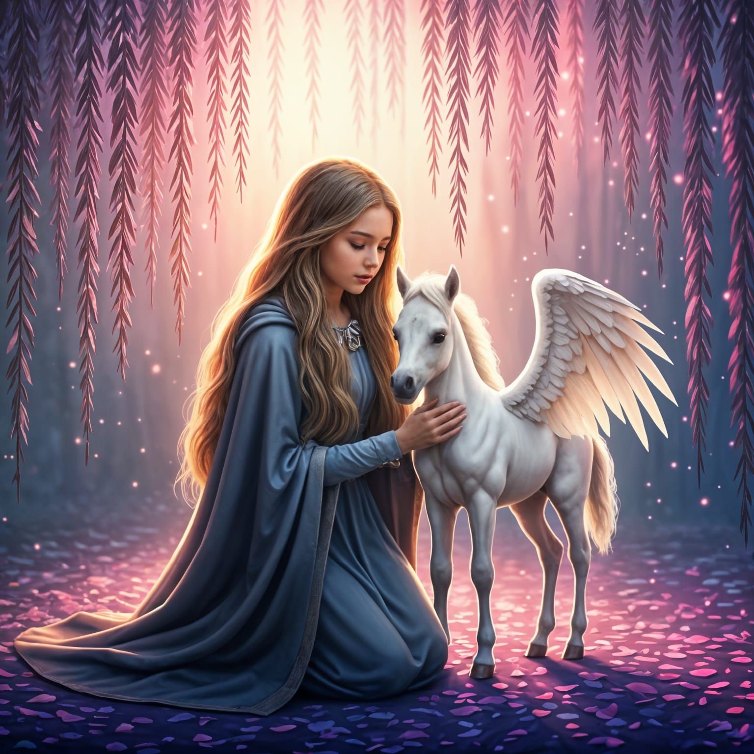 Teen Girl and Pegasus Under Magical Willow Tree