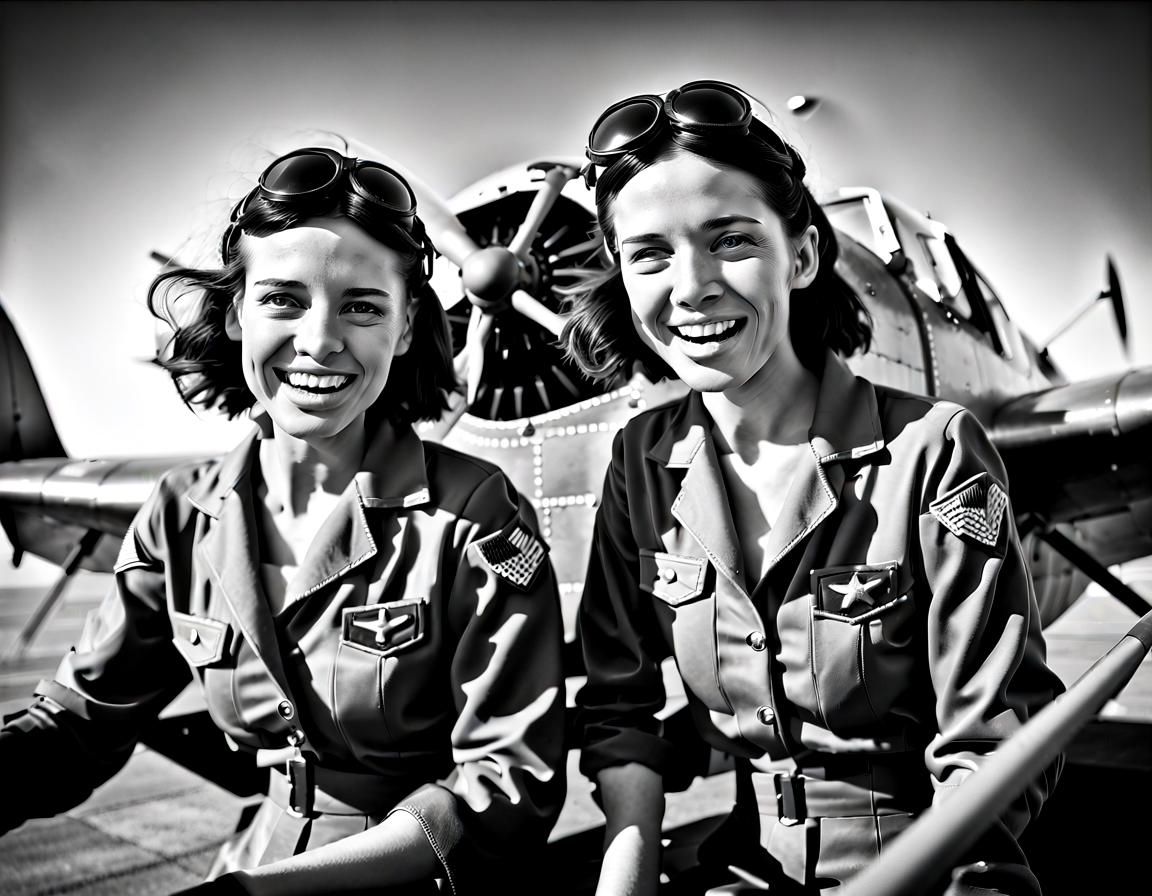 Enthusiastic Twins in Vintage Airplane Portrait