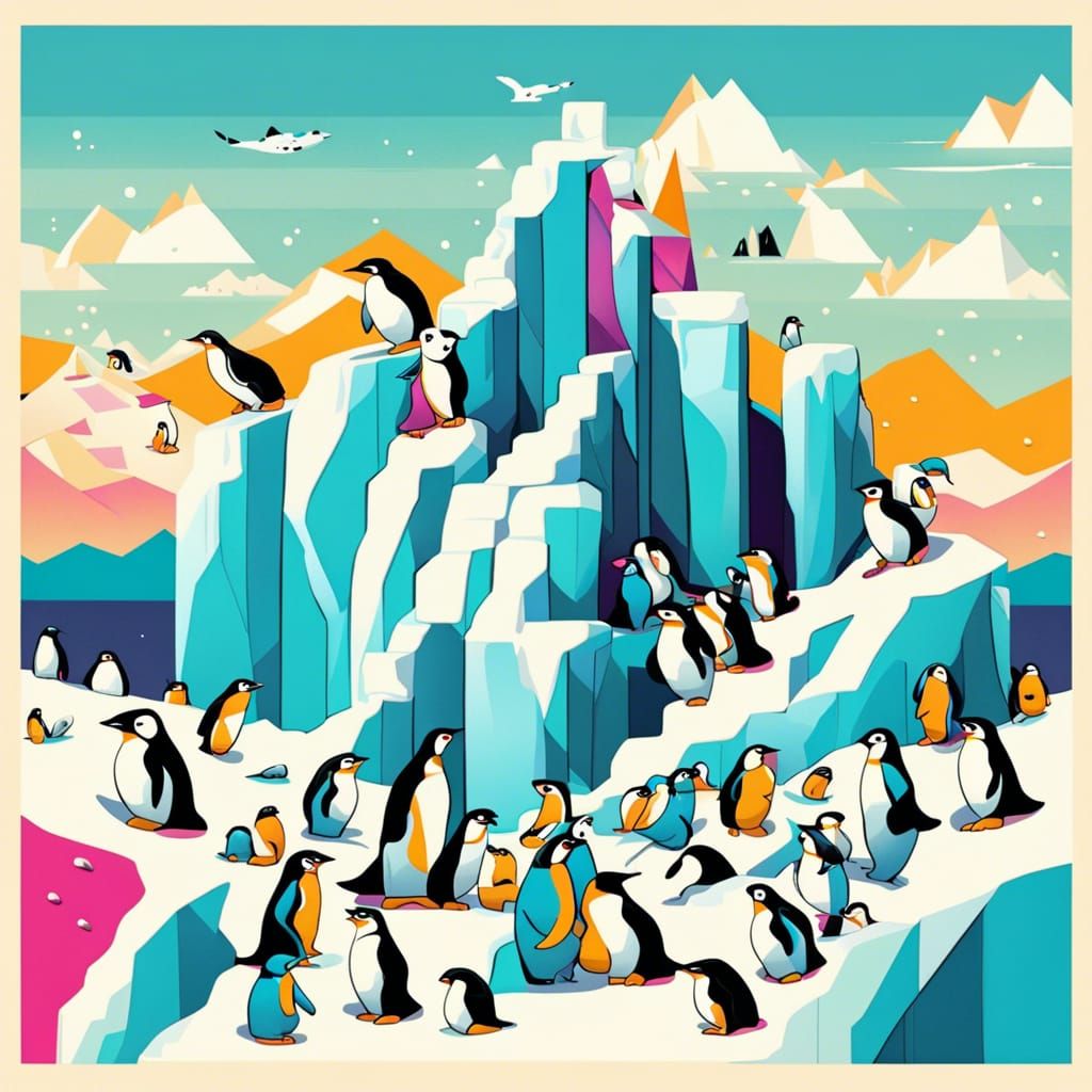 Penguin Ice Fortress in Geometric Pop Art Style