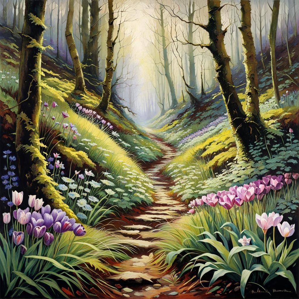 Mystic Forest Path with Spring Wildflowers
