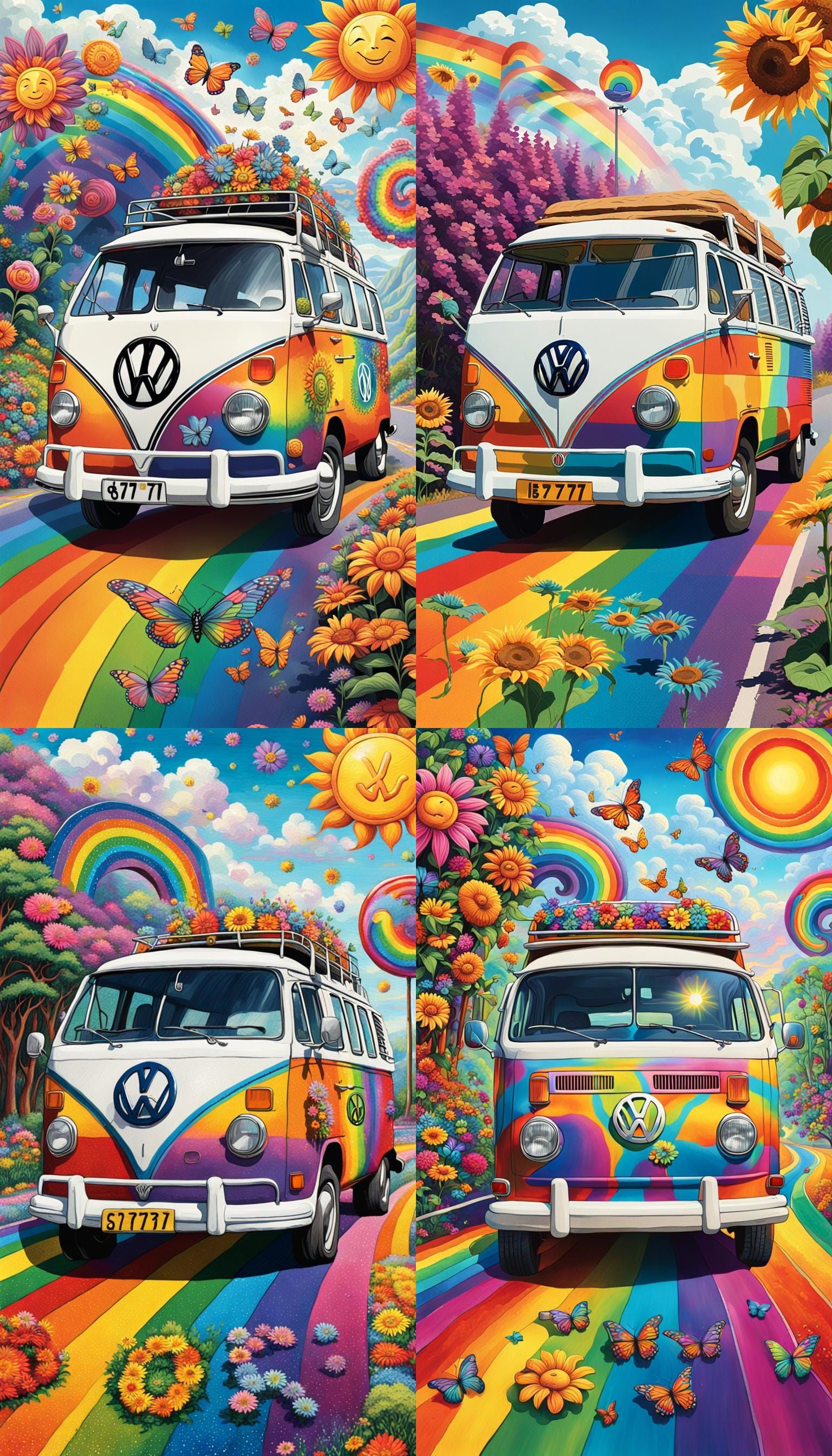 Psychedelic VW Van on Rainbow Road, Hyper-Realistic Art