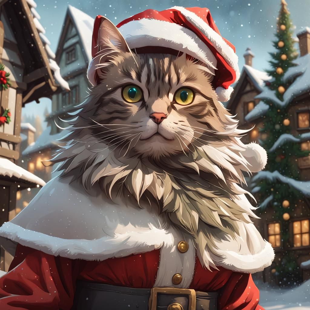 Festive Feline: Cat Santa in Snowy Village