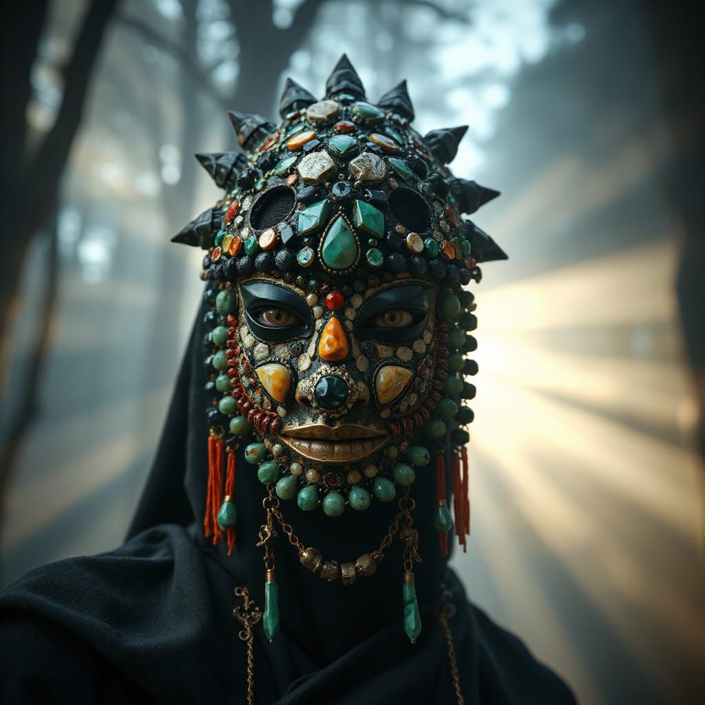 Mystical Shaman Mask of Gemstones in Ethereal Forest Light