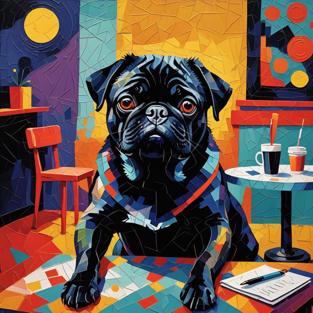 Distorted Black Pug in a Vibrant Coffee Shop Scene