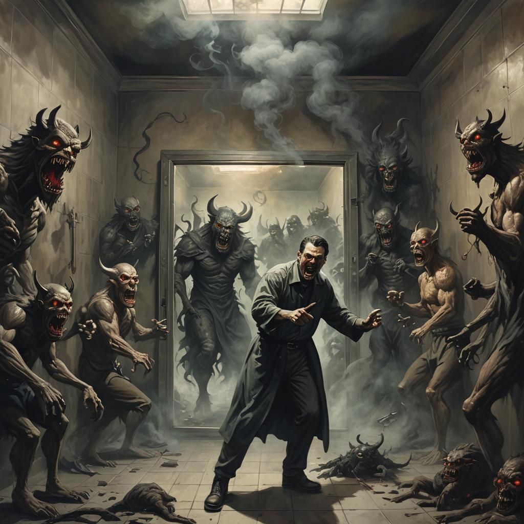 Imprisoned Man Surrounded by Demons in Dark Fantasy Style