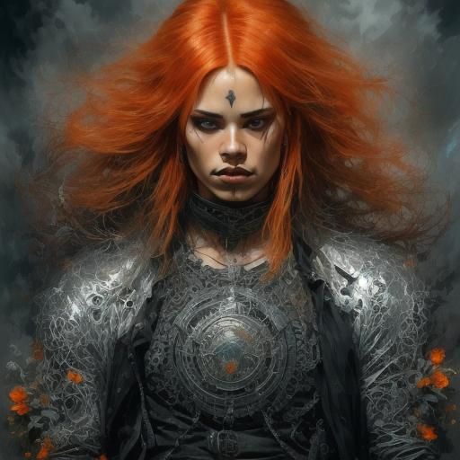 Orange Metalhead Woman Portrait in Art Nouveau Style