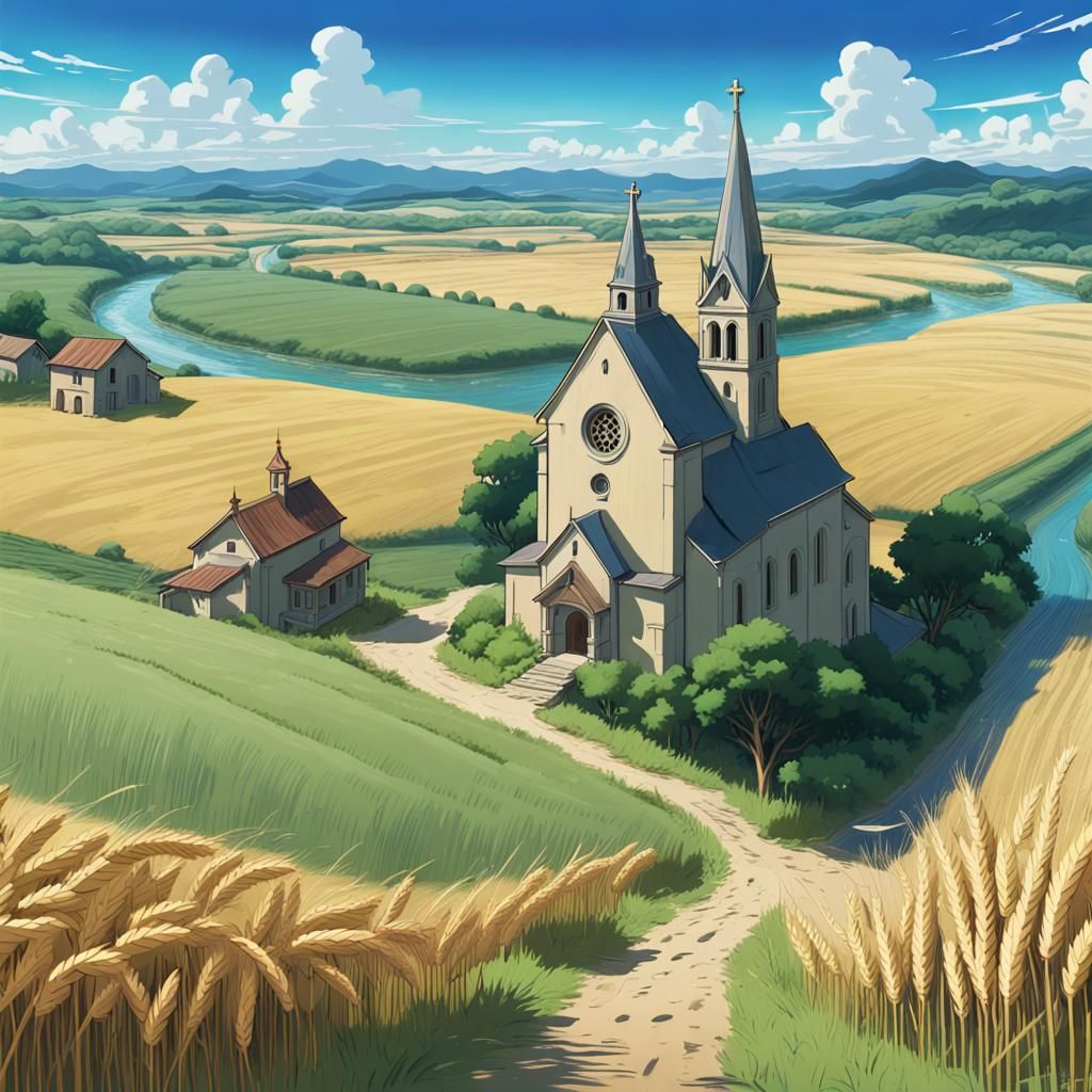 Italian Village in Wheat Field, Studio Ghibli Style