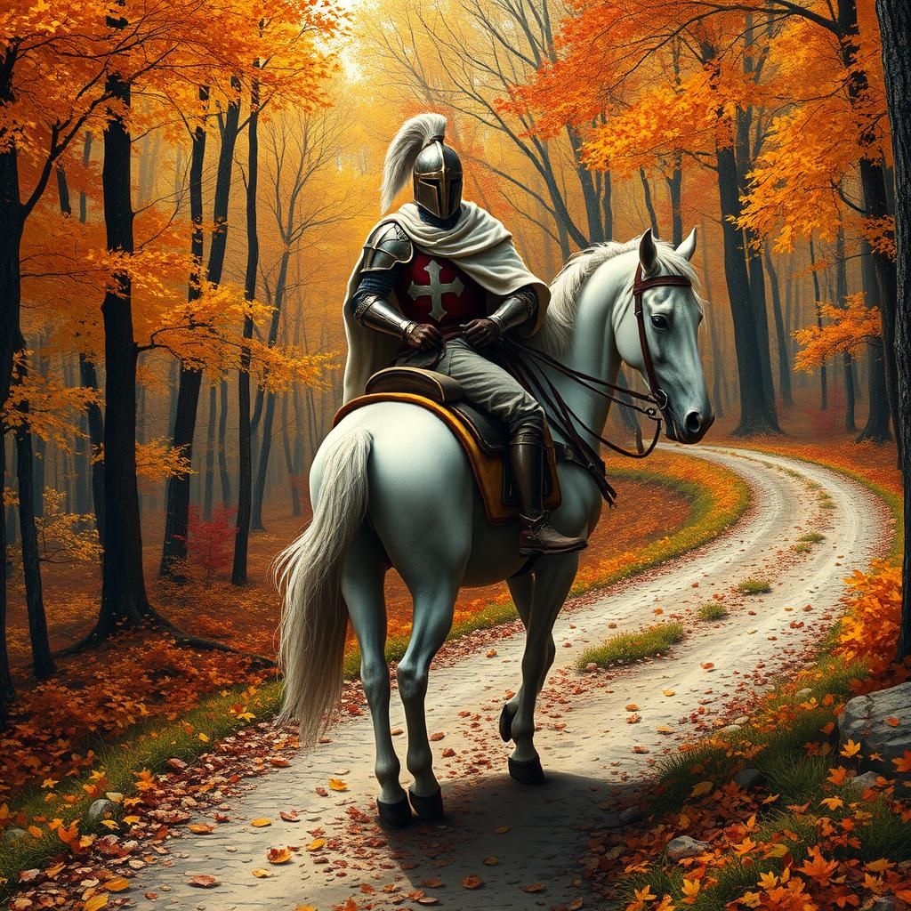 Templar Knight Rides Through Autumn Forest