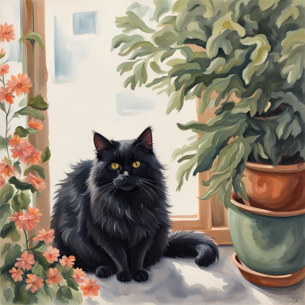Detailed Gouache Painting of a Fluffy Black Cat