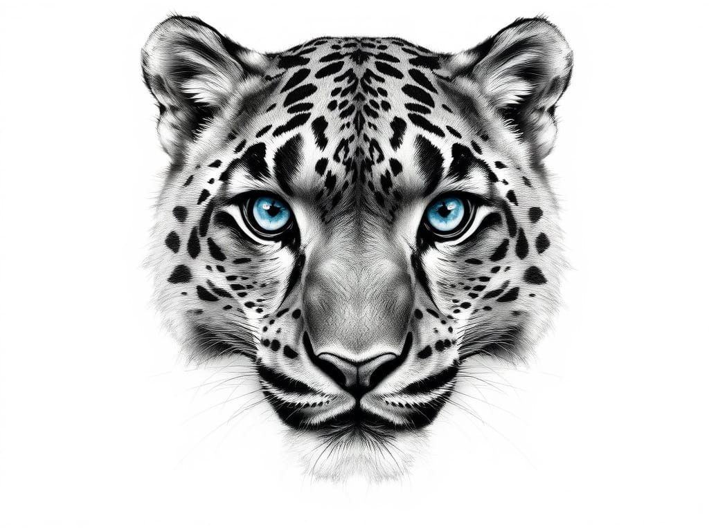 Graphite Snow Leopard Portrait with Piercing Blue Eyes