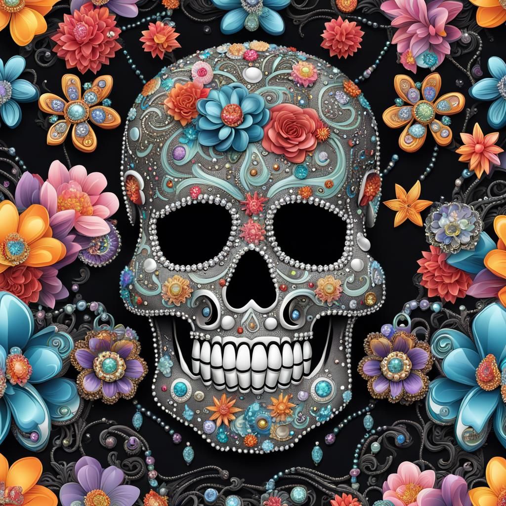 Rhinestone Sugar Skull with Flowers and Charms