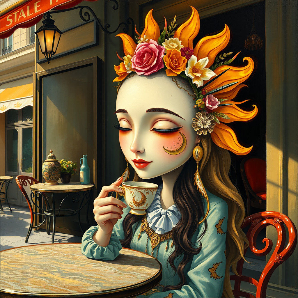 Moon Sun Face Sipping Coffee in Paris as Oil Painting