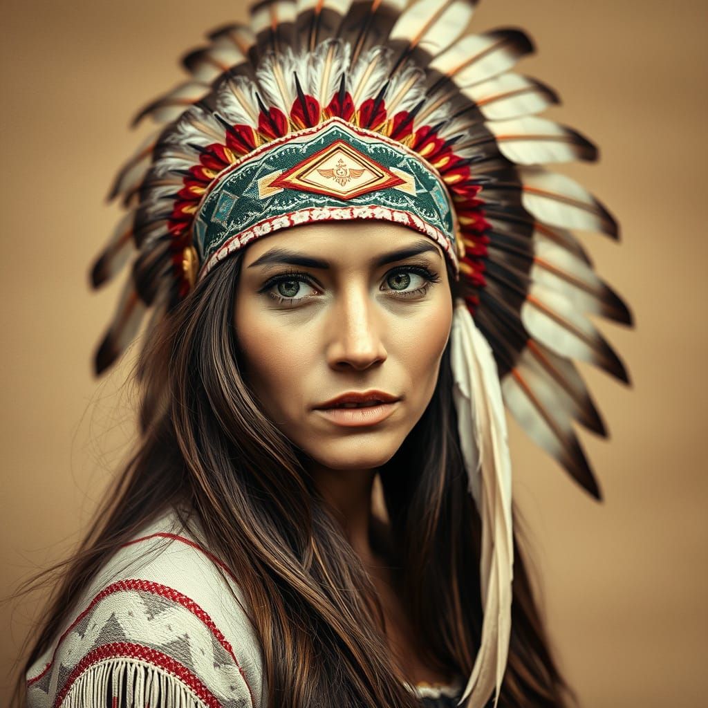Native American Woman with Feathered Headdress Portrait